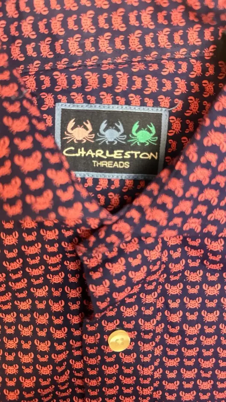 Charleston Threads Men's Crab Print Navy Long Sleeve Button Down Shirt - Picture 2 of 3